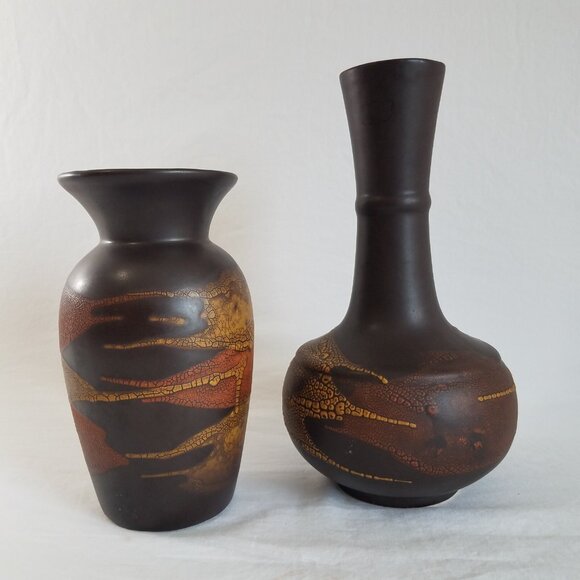 Royal Haeger Pottery Vase Set Brown Earth Wrap Volcanic Lava Orange Peel Glaze - Picture 3 of 15